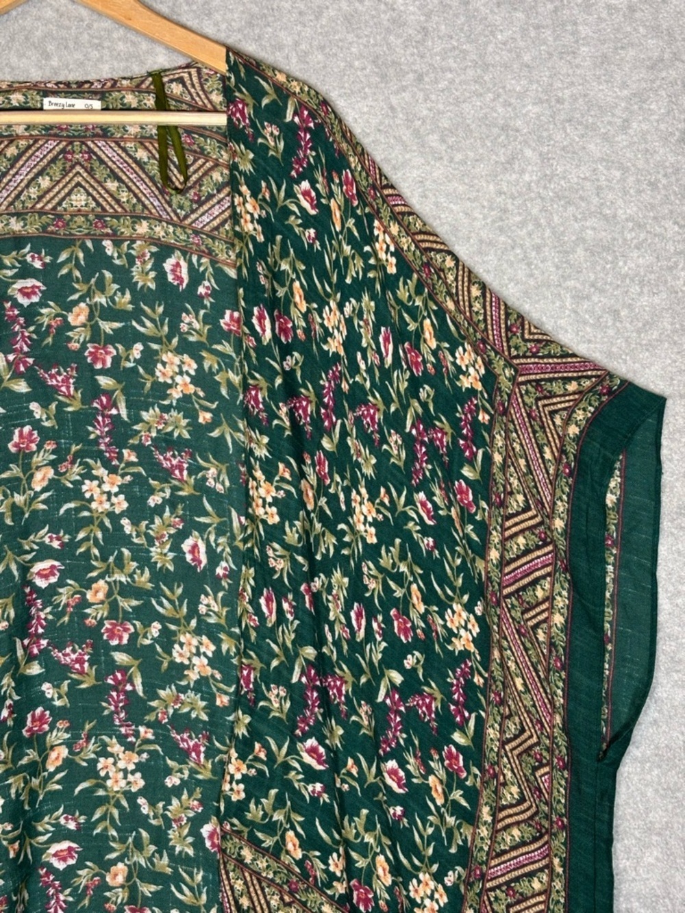 Boho Floral Print Fringe Trim Open Front Kimono Duster-Green-Women One Size